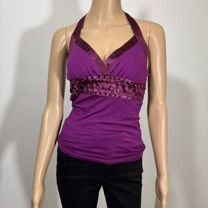 Charlotte Russe Y2K Women’s Purple Halter Top size M Sequins Satin Tie